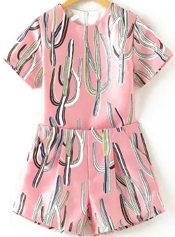Romwe Short Sleeve Cactus Print Top With Pink Shorts