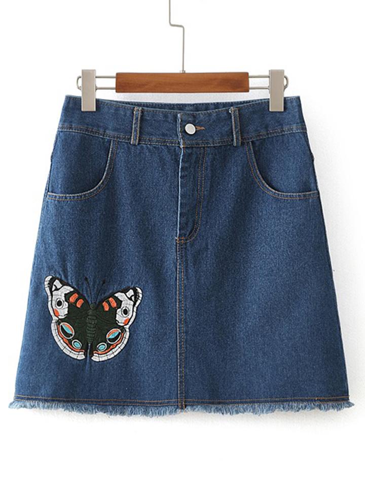 Romwe Butterfly Embroided Raw Hem Denim Shorts