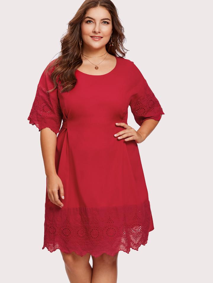 Romwe Eyelet Embroidered Self Belted Dress