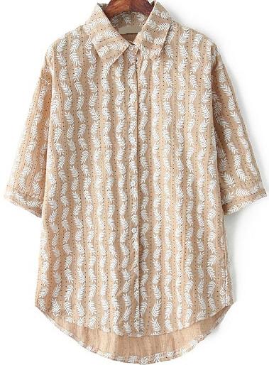 Romwe Lapel Dip Hem Olive Branch Print Khaki Blouse