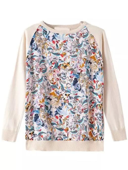 Romwe Long Sleeve Florals Knit Beige Sweater