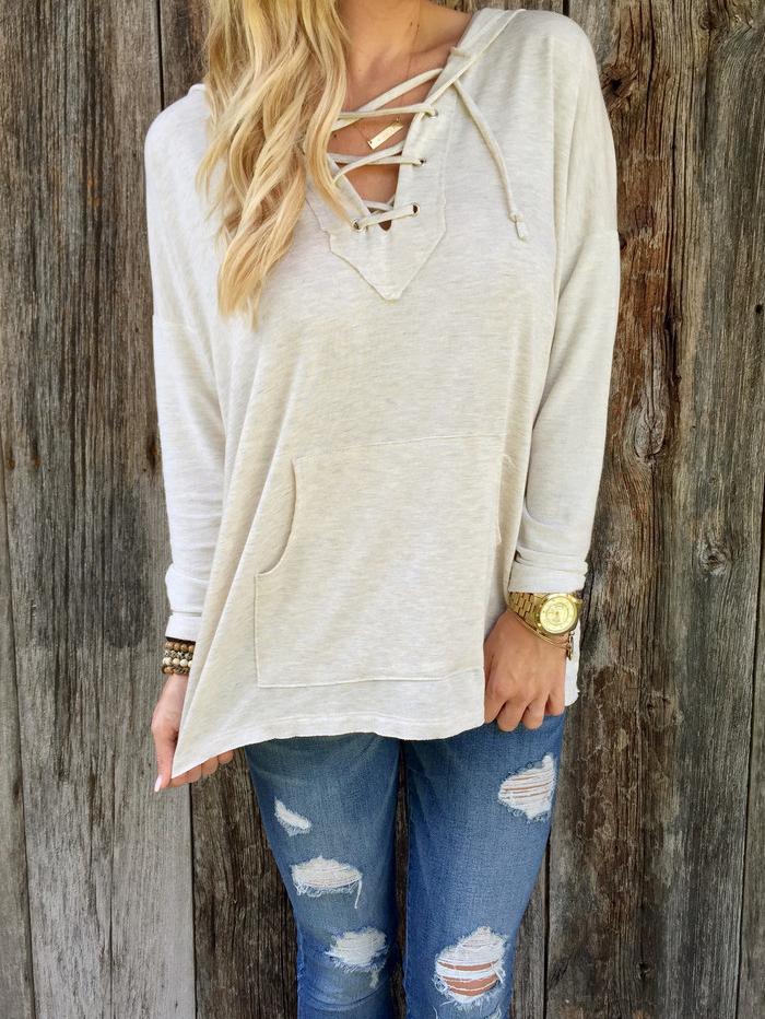 Romwe Grey Hooded Lace Up Loose Sweatshirt