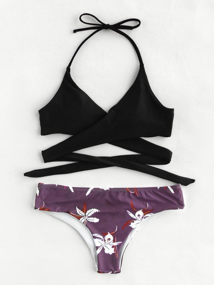 Romwe Flower Print Self Tie Wrap Bikini Set