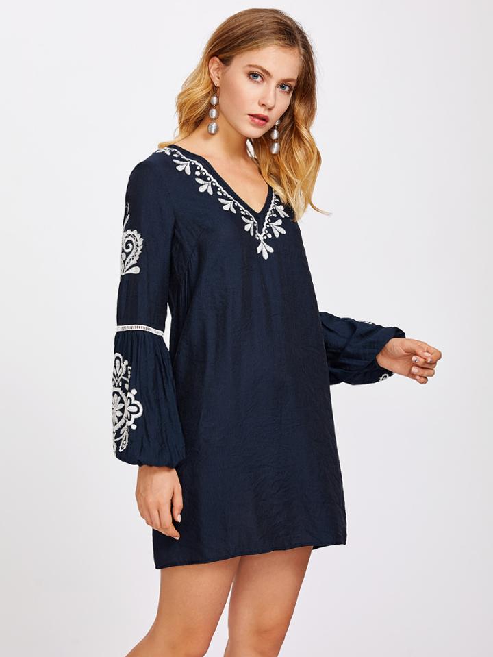 Romwe Lace Insert Lantern Sleeve Embroidered Dress