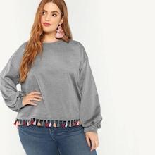 Romwe Plus Drop Shoulder Tassel Trim Dip Hem Sweatshirt