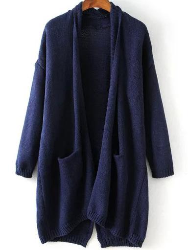 Romwe With Pocket Split Loose Navy Cardigan