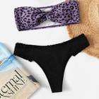 Romwe Twist Leopard Bandeau Top With Frilled Bikini Set