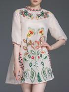 Romwe Apricot Embroidered Pleated Shift Dress