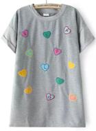 Romwe Heart Embroidered Grey T-shirt