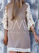 Romwe Apricot Cotrast Lace Embroidered Sleeve Dress