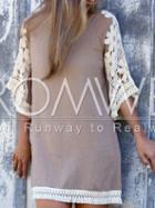 Romwe Apricot Cotrast Lace Embroidered Sleeve Dress
