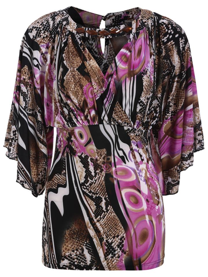 Romwe V Cut Bat Sleeve Abstract Print Top