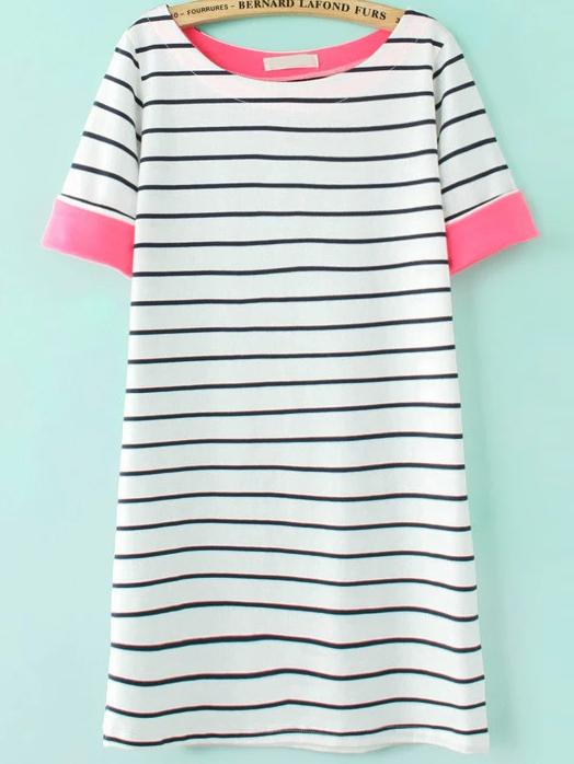 Romwe Red Contrast Cuffed Stripe T-shirt Dress