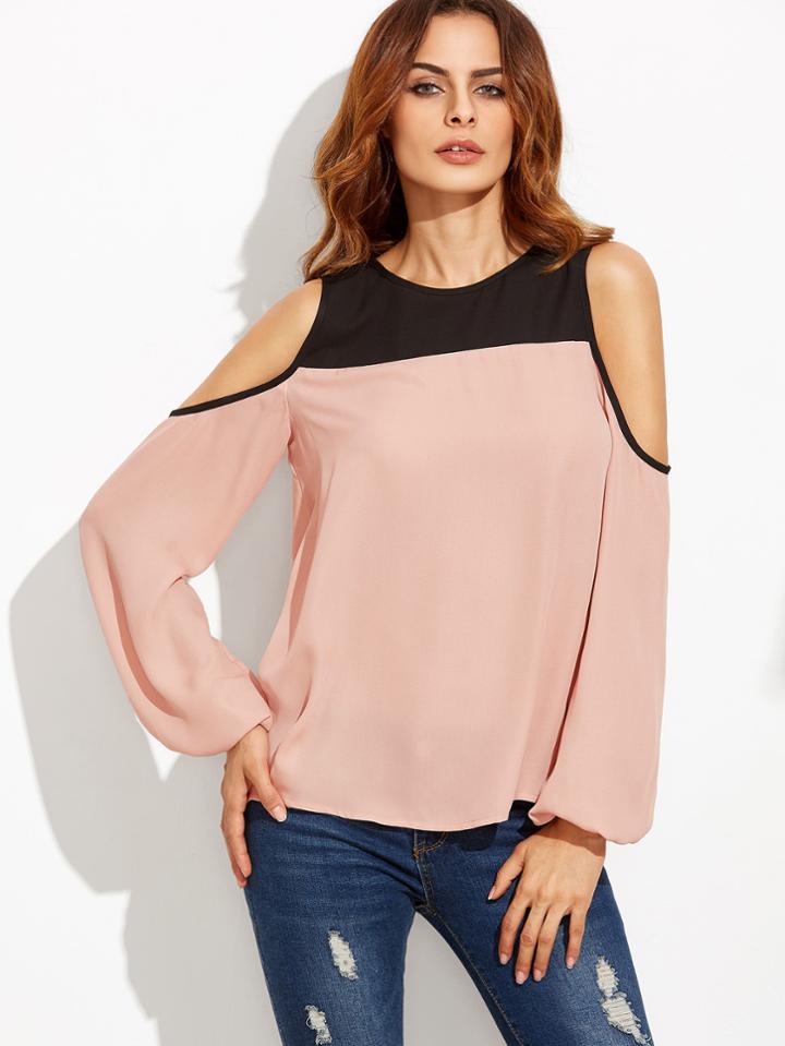 Romwe Contrast Cold Shoulder Keyhole Back Top