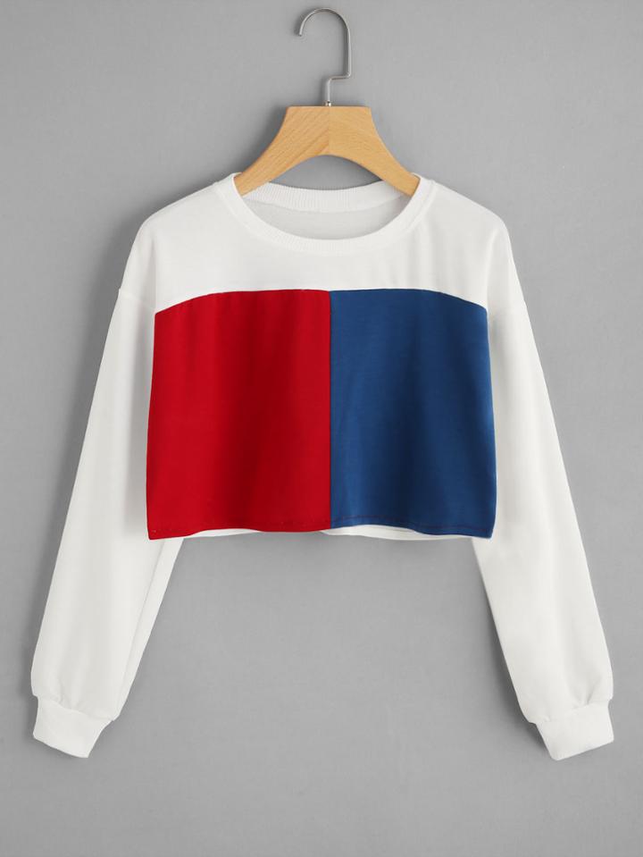 Romwe Cut And Sew Panel Crop Sweatshirt