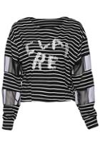 Romwe Claire & Striped Print Black Sweatshirt