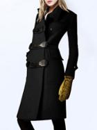 Romwe Stand Collar Pockets Buttons Long Black Coat
