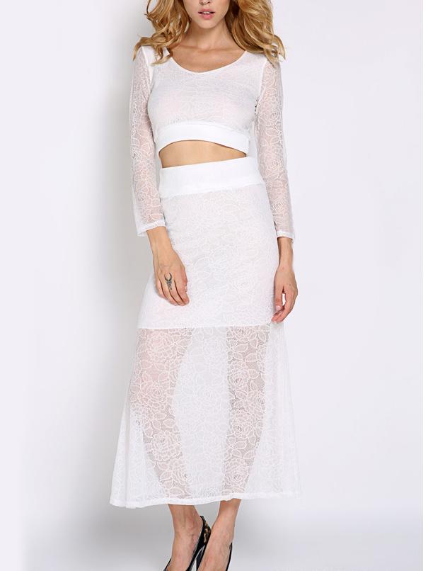 Romwe Round Neck Crop Top With Lace Skirt