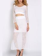 Romwe Round Neck Crop Top With Lace Skirt