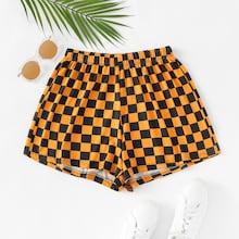 Romwe Checkered Elastic Shorts