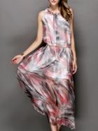 Romwe Multicolor Stand Collar Sleeveless Drawstring Print Dress