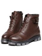 Romwe Brown Round Toe Vintage Buckle Strap Lace Up Boots