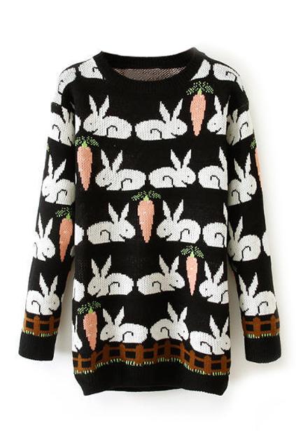 Romwe Rabbit Print Black Jumper