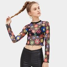 Romwe Floral Print Sheer Crop Tee