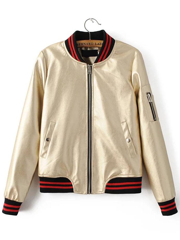Romwe Gold Striped Trim Zipper Up Flight Jacket