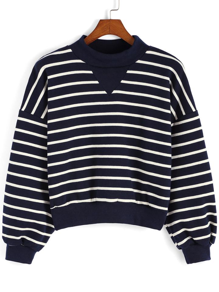 Romwe Polo Neck Striped Crop Royal Blue Sweater