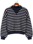 Romwe Polo Neck Striped Crop Royal Blue Sweater