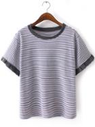 Romwe Grey Ruffle Cuff Short Sleeve Stripe T-shirt