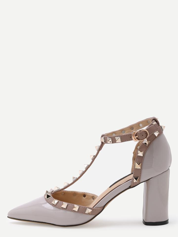 Romwe Gray Pointed Out T-strap Studded Chunky Pumps