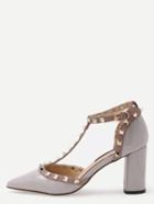 Romwe Gray Pointed Out T-strap Studded Chunky Pumps