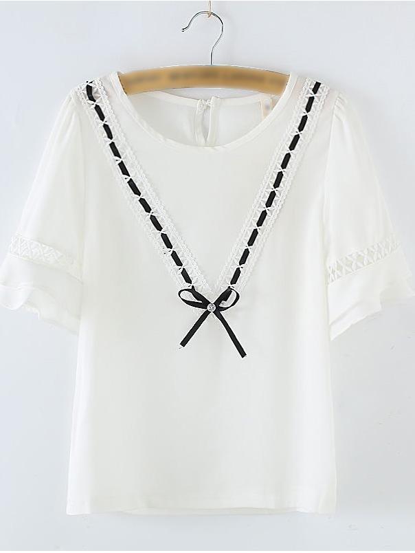 Romwe White Hollow Crochet Bow Key Hole Back T-shirt