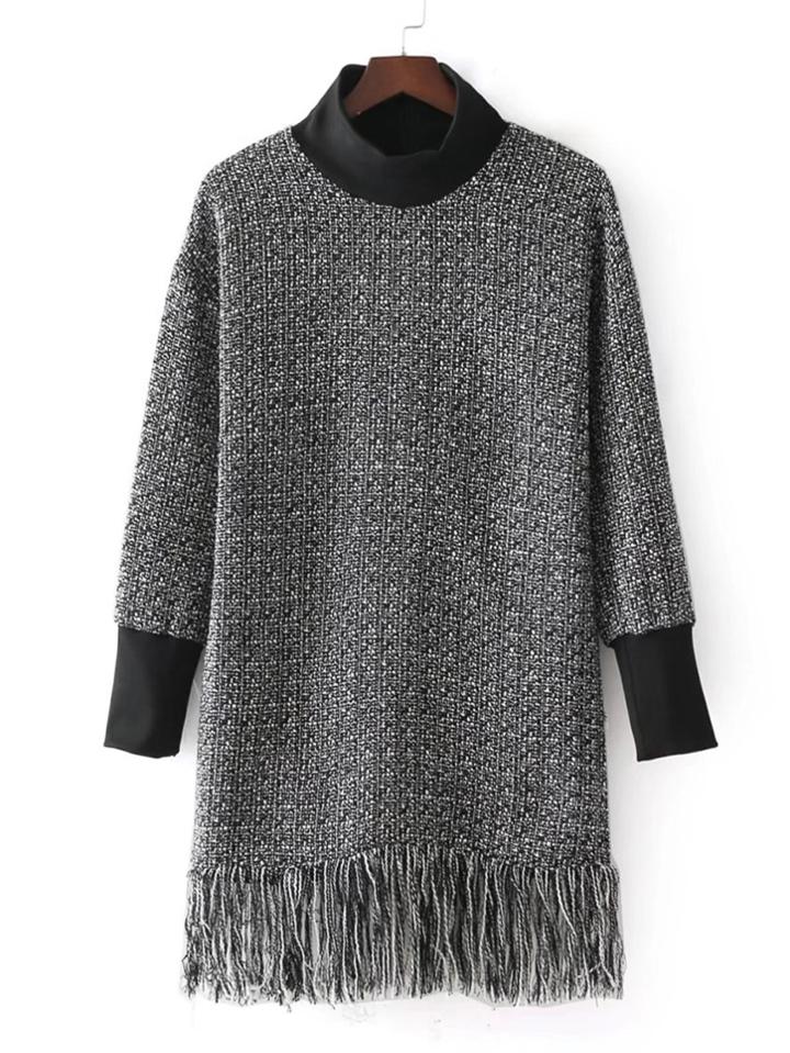 Romwe Contrast Trim Fringe Hem Tweed Dress