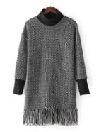Romwe Contrast Trim Fringe Hem Tweed Dress