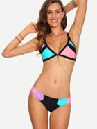 Romwe Color Block Cutout Triangle Bikini Set