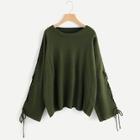 Romwe Plus Lace Up Sleeve Solid Sweater