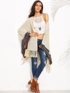 Romwe Beige Knotted Fringe Trim Embroidered Coat