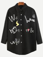 Romwe Black Letter Print Curved Hem Shirt
