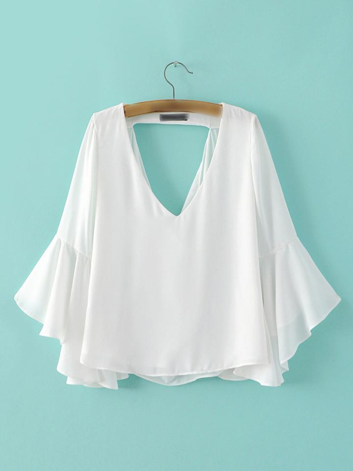 Romwe White Low Neck Bell Sleeve Hollow Blouse