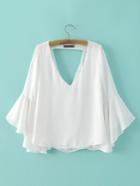 Romwe White Low Neck Bell Sleeve Hollow Blouse