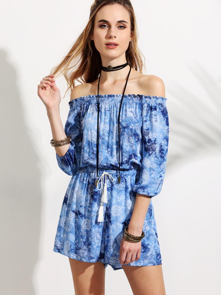 Romwe Off The Shoulder Random Paisley Print Drawstring Waist Romper
