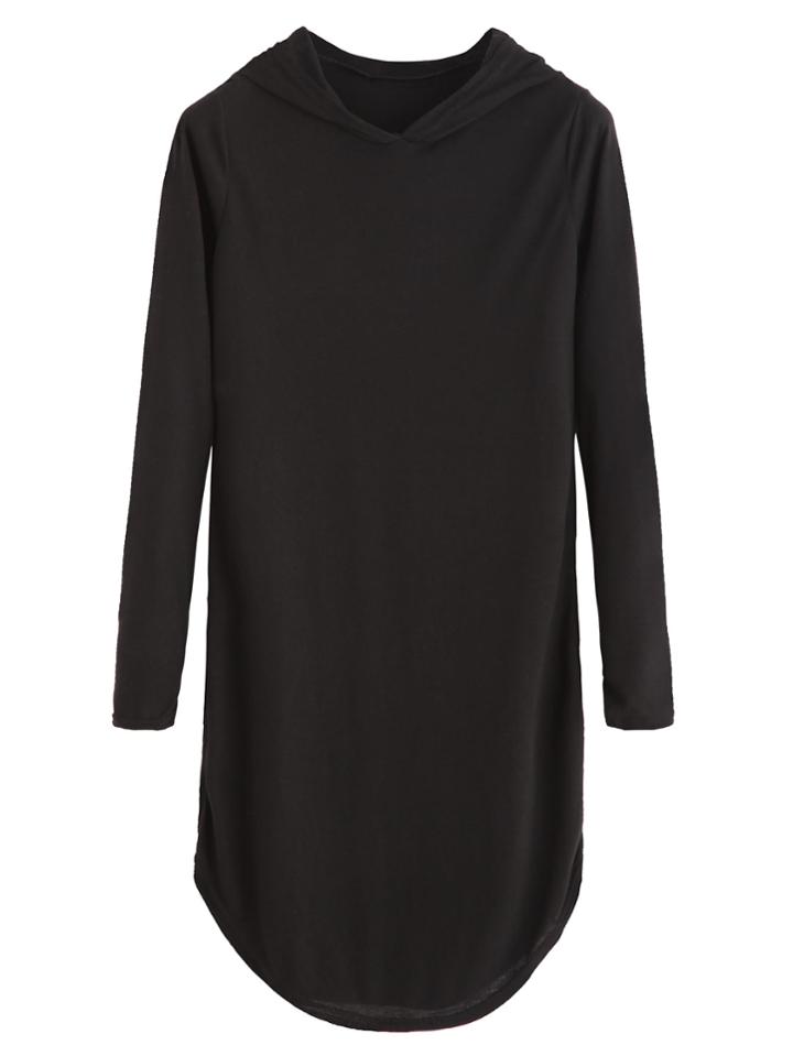 Romwe Black Curved Hem Slit Side Hooded Dress