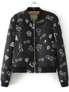 Romwe Graffiti Print Zipper Black Jacket
