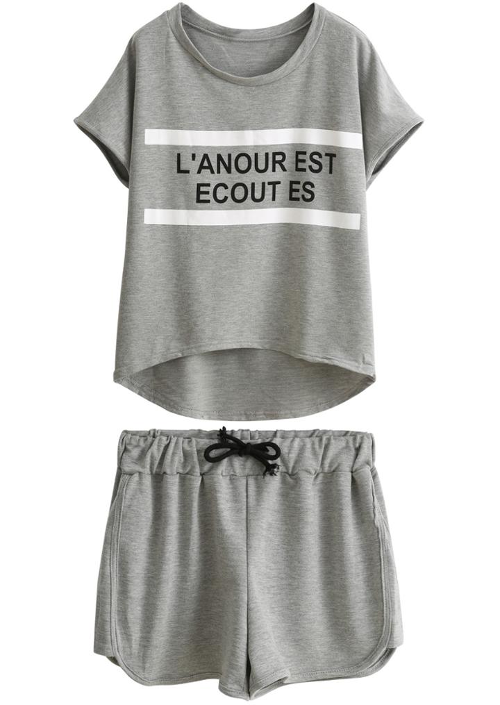 Romwe Dip Hem Letter Print Top With Drawstring Grey Shorts