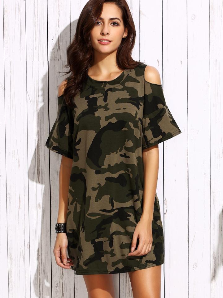 Romwe Olive Green Open Shoulder Camo Dress