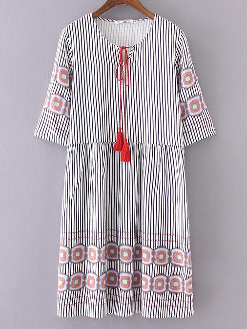 Romwe Black And White Stripe Half Sleeve Tie Tassel Dress