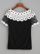 Romwe Black Crochet Applique Flower Lace Top